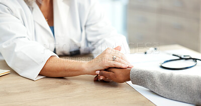 Buy stock photo Healthcare, hands and doctor with patient empathy for health diagnosis, medical support and comfort. Professional, women and console in hospital consultation for test results, bad news and follow up