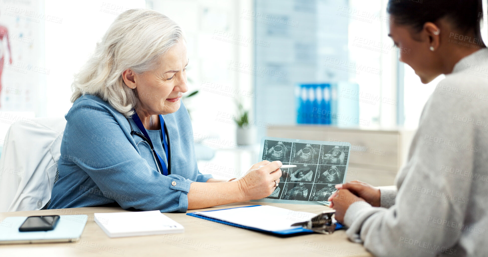Buy stock photo Doctor, ultrasound and pregnant woman in consultation, talking and fertility report for ivf progress. Gynecology, pregnancy news or people in hospital, scan for growth and family planning with advice