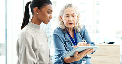Buy stock photo Doctor, talking and women with tablet, healthcare and explaining medical diagnosis and test results. People, online and health professional with tech, consultation and wellness appointment in clinic