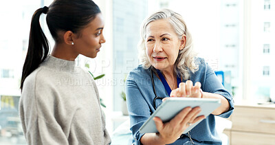 Buy stock photo Doctor, discussion and women with tablet, healthcare and explain medical diagnosis and test results. People, online and health professional with tech, consultation and wellness appointment in clinic