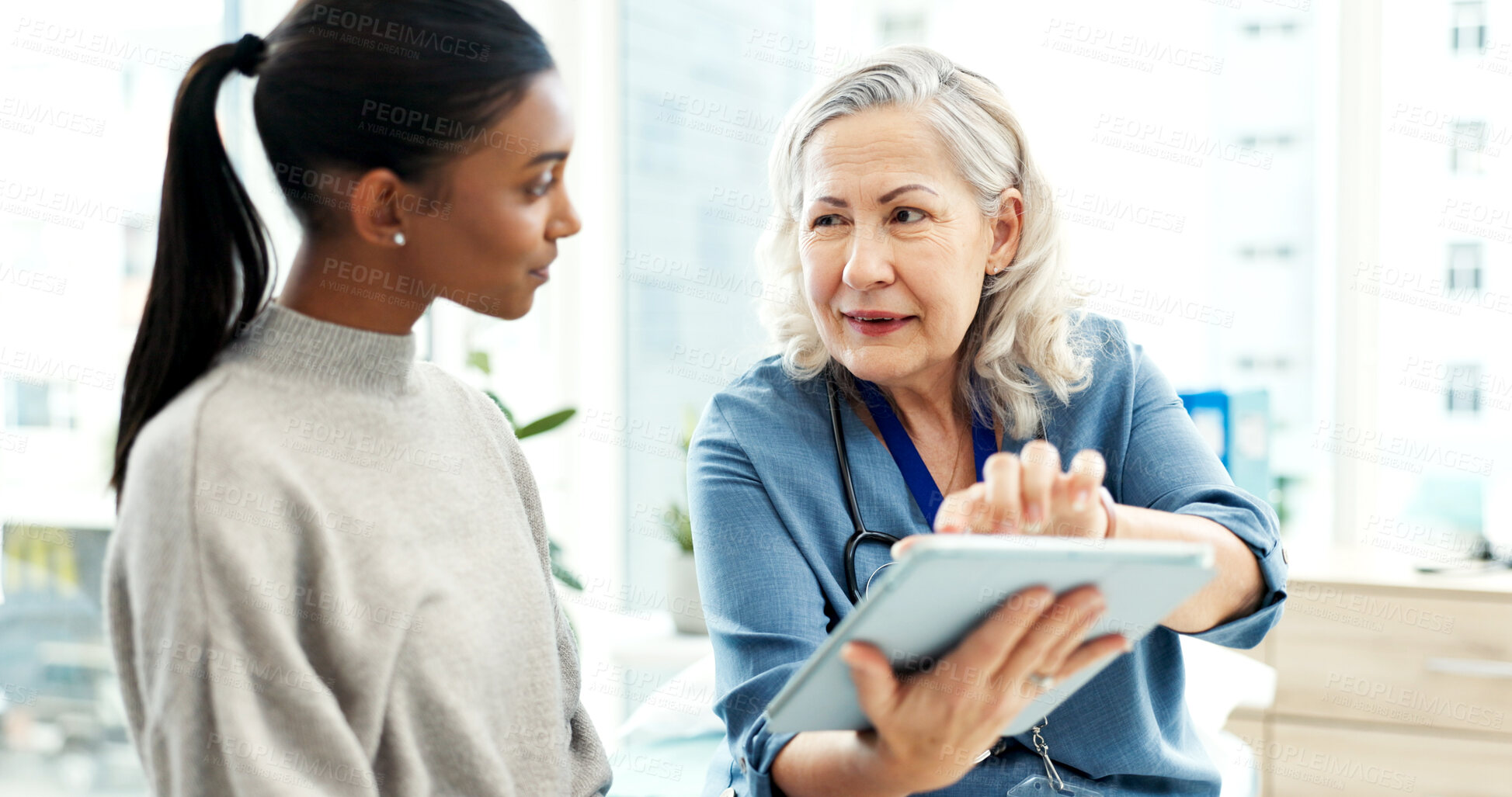 Buy stock photo Doctor, discussion and women with tablet, healthcare and explain medical diagnosis and test results. People, online and health professional with tech, consultation and wellness appointment in clinic