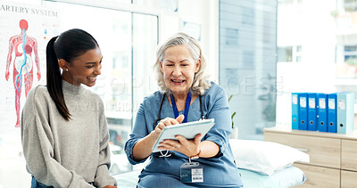 Buy stock photo Happy, doctor and women with tablet, healthcare and explaining medical diagnosis or good news on web. People, online and health professional with tech, consultation and reading test results in clinic