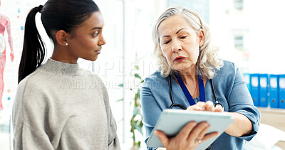 Buy stock photo Hospital, doctor and women with tablet, healthcare and explaining medical diagnosis and test results. People, online and health professional with tech, consultation and wellness appointment in clinic