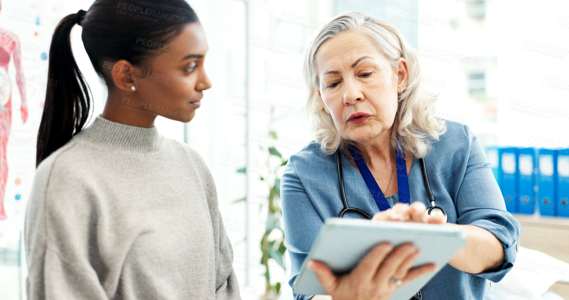 Buy stock photo Hospital, doctor and women with tablet, healthcare and explaining medical diagnosis and test results. People, online and health professional with tech, consultation and wellness appointment in clinic