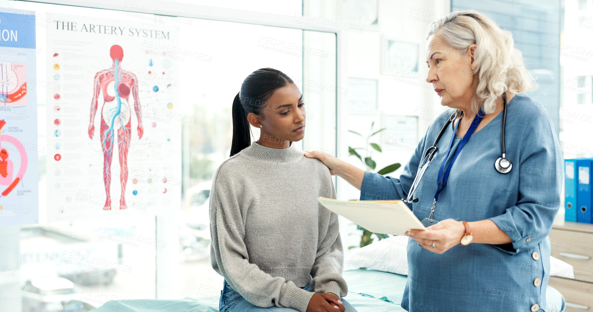 Buy stock photo Healthcare, doctor or comfort woman with folder for diagnosis, heart failure or medical support. Clinic file, patient or cardiologist with empathy for test results, coronary artery disease or checkup