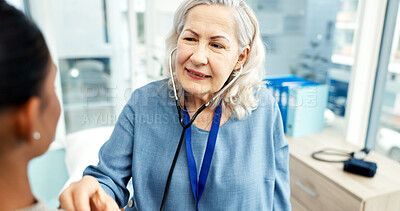 Buy stock photo Doctor, patient and stethoscope in office with consultation, heart assessment and disease detection. Healthcare worker, people and cardiology equipment in clinic with chest exam, medical test or help