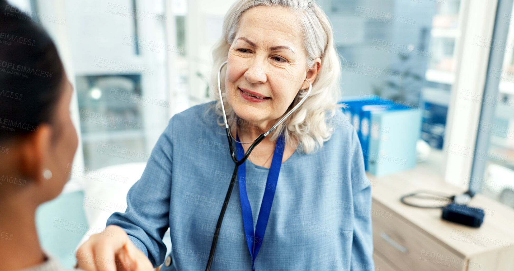 Buy stock photo Doctor, patient and stethoscope in office with consultation, heart assessment and disease detection. Healthcare worker, people and cardiology equipment in clinic with chest exam, medical test or help
