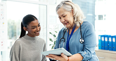 Buy stock photo Healthcare, doctor and women with tablet, checkup and explain medical diagnosis and good news on web. Happy people, talking and health professional with tech, consultation and test results in clinic