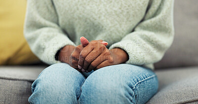 Buy stock photo Nervous, hands or woman with anxiety at therapy for PTSD, pressure or panic for trauma processing. Counseling, mental health or patient with stress on sofa for worry, vulnerable or emotional tension
