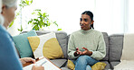 Mental health, counseling and happy woman with therapist in office, talking and listening to patient. Psychologist, help and therapy session for person with smile, healing and discussion in clinic