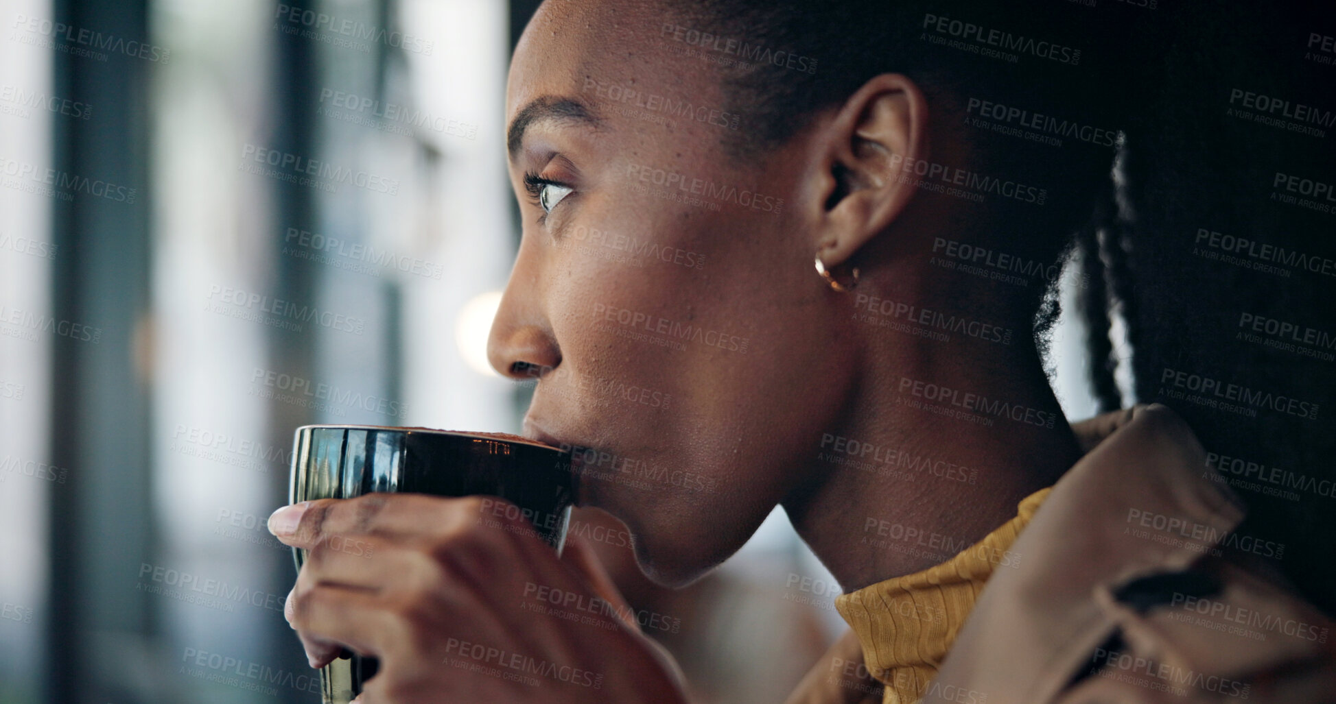 Buy stock photo Black woman, coffee and drink in cafe for memory, thinking and relax with inspiration at restaurant. Person, daydreaming and cup with reflection, remember and perspective with beverage at diner