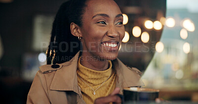 Buy stock photo Black woman, smile and drink in cafe for reflection, thinking and relax with inspiration at restaurant. Happy person, bokeh and cup with coffee shop, memory and perspective with beverage at diner