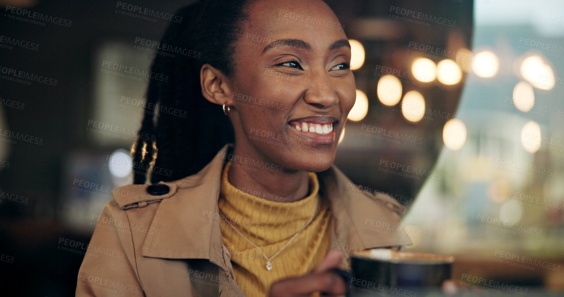 Buy stock photo Black woman, smile and drink in cafe for reflection, thinking and relax with inspiration at restaurant. Happy person, bokeh and cup with coffee shop, memory and perspective with beverage at diner