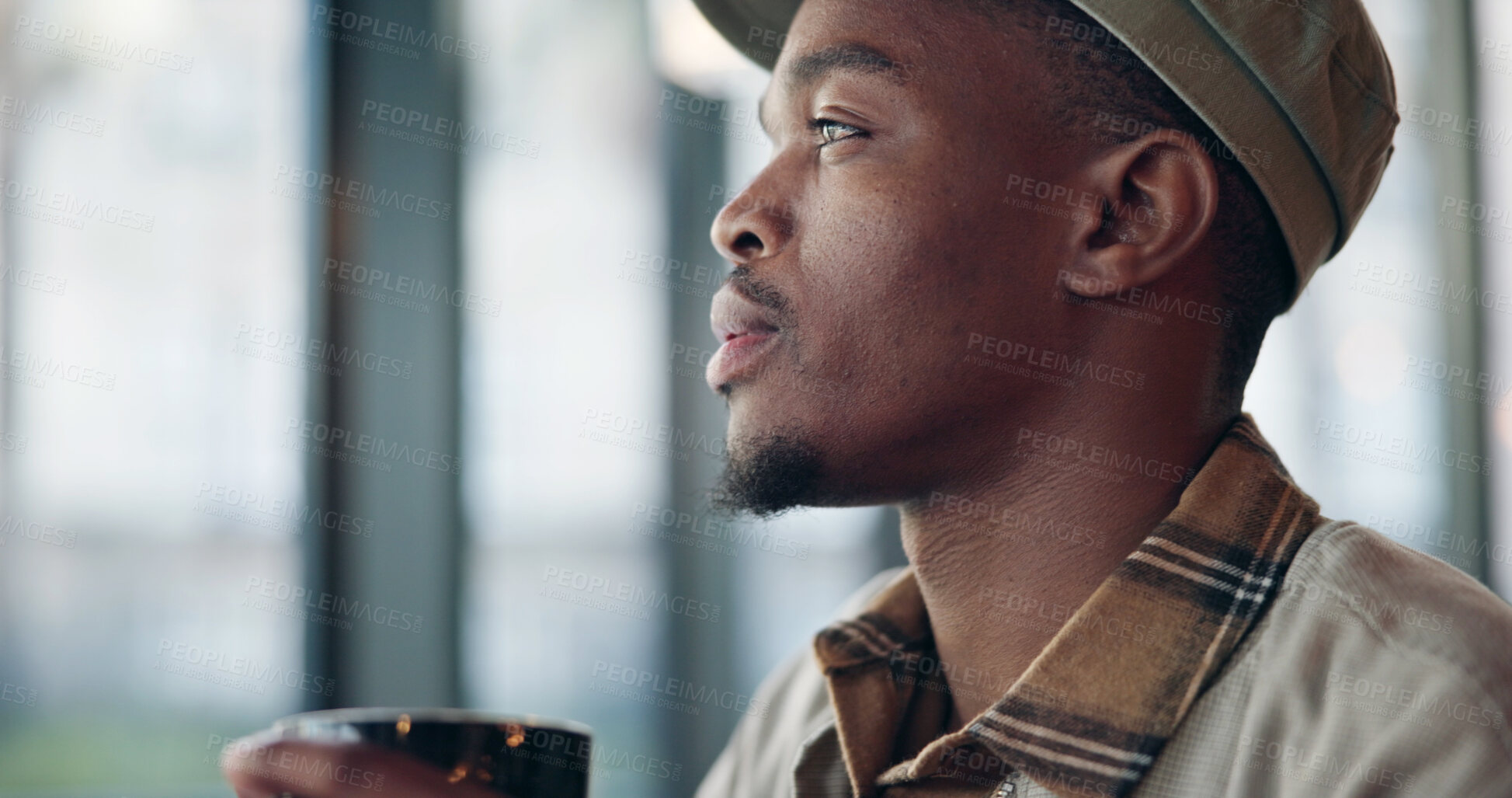 Buy stock photo Black man, coffee and thinking in cafe for memory, drink and relax with inspiration at restaurant. Person, daydreaming and cup with reflection, remember and perspective with beverage at diner