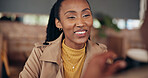 Black woman, conversation and coffee date with couple for bonding, chat or story with happiness. Person, partner and talking with smile, healthy relationship or relax together in cafe for love