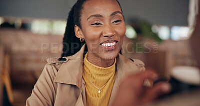 Buy stock photo Black woman, conversation and coffee date with couple for bonding, chat or story with happiness. Person, partner and talking with smile, healthy relationship or relax together in cafe for love
