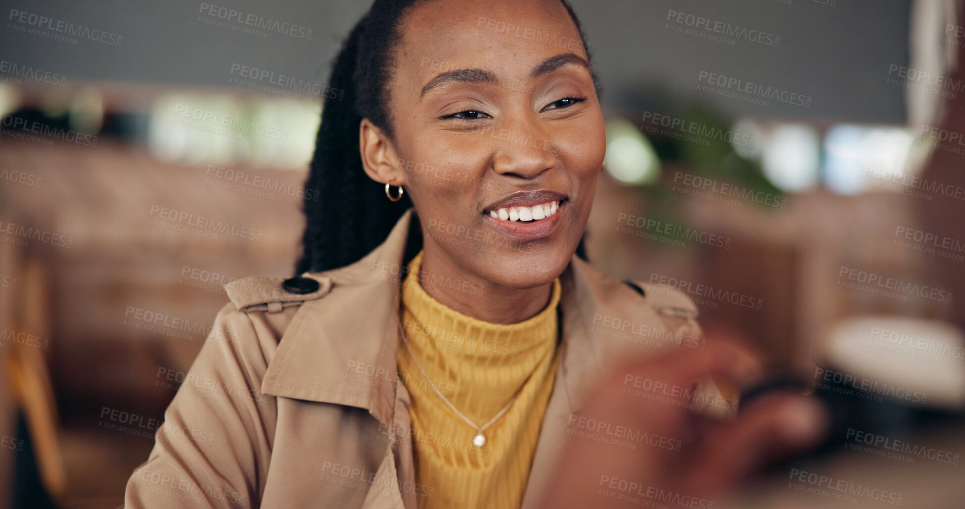 Buy stock photo Black woman, conversation and coffee date with couple for bonding, chat or story with happiness. Person, partner and talking with smile, healthy relationship or relax together in cafe for love