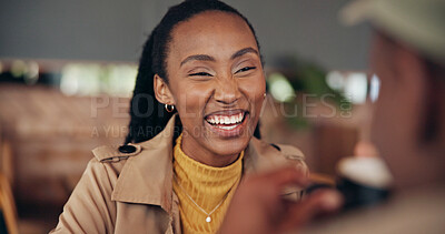 Buy stock photo Woman, laughing and coffee date with couple for bonding, joke or funny story with happiness. Black person, partner and conversation with humor, healthy relationship or relax together in cafe for love