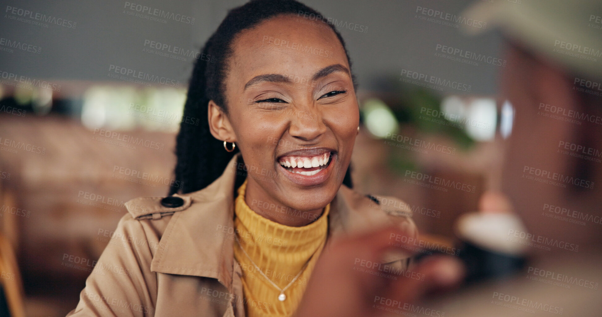 Buy stock photo Woman, laughing and coffee date with couple for bonding, joke or funny story with happiness. Black person, partner and conversation with humor, healthy relationship or relax together in cafe for love