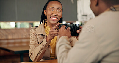 Buy stock photo Smile, conversation and couple in cafe on date together for love, communication or anniversary. Connection, care or romantic people bonding in coffee shop for discussion, support and gratitude