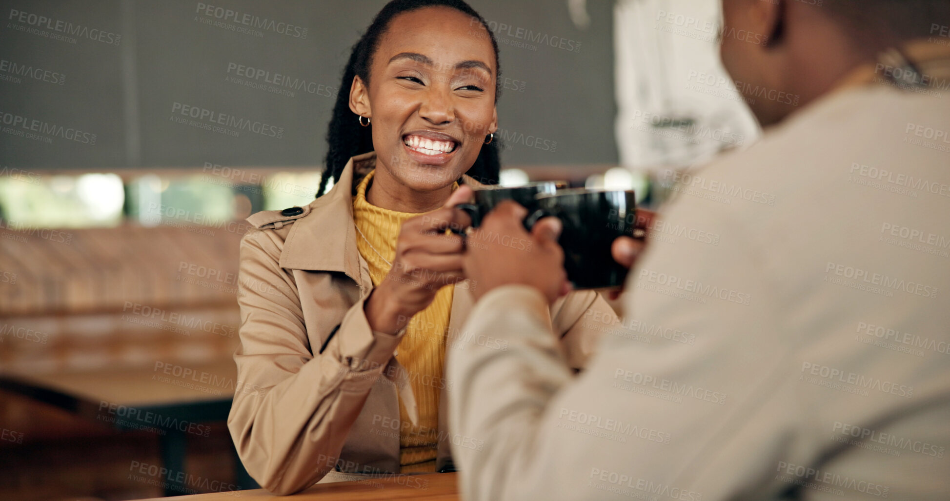 Buy stock photo Smile, conversation and couple in cafe on date together for love, communication or anniversary. Connection, care or romantic people bonding in coffee shop for discussion, support and gratitude
