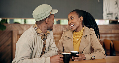 Buy stock photo Couple, date and coffee at cafe with love, smile and partner affection for bonding together. Happy, black people and talk at restaurant with drinks, healthy relationship and connection for commitment