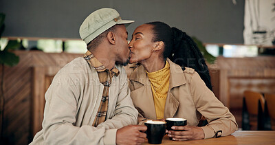 Buy stock photo Couple, date and coffee at cafe with kiss, love and partner affection for bonding together. Black people, romance and care at restaurant with drink, healthy relationship and connection for commitment