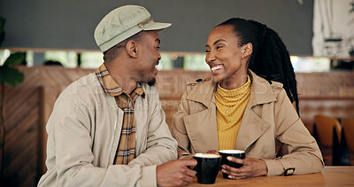 Buy stock photo Couple, date and coffee at cafe with smile, love and partner affection for bonding together. Happy, black people and laugh at restaurant with drink, healthy relationship and connection for commitment