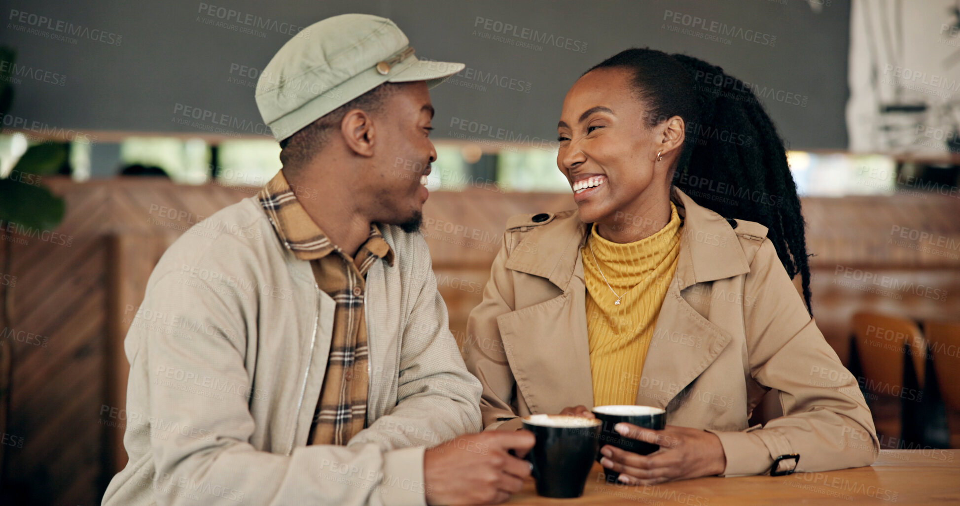 Buy stock photo Couple, date and coffee at cafe with smile, love and partner affection for bonding together. Happy, black people and laugh at restaurant with drink, healthy relationship and connection for commitment
