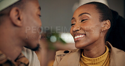 Buy stock photo Conversation, smile and black couple in home, love and bonding together for care. Apartment, man and woman in lounge, happiness and healthy relationship with marriage, romance or talking with support