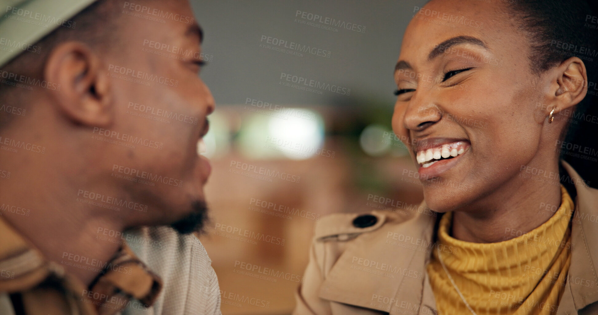 Buy stock photo Conversation, funny and black couple in home, love and bonding together for care. Apartment, man and woman in lounge, happiness or healthy relationship with marriage, romance or laughing with support