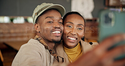 Buy stock photo Relax, black couple and happy selfie in cafe for anniversary date memory, online post and bonding. Weekend, people and photography in coffee shop for profiler picture update, relationship and support