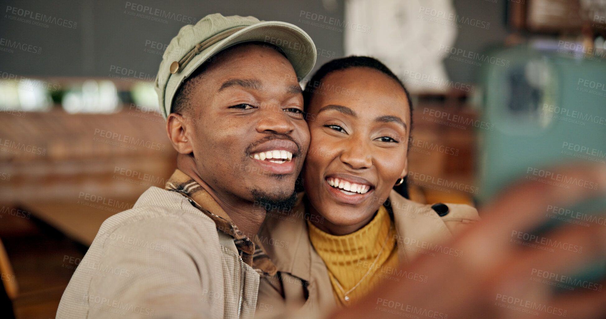 Buy stock photo Relax, black couple and happy selfie in cafe for anniversary date memory, online post and bonding. Weekend, people and photography in coffee shop for profiler picture update, relationship and support