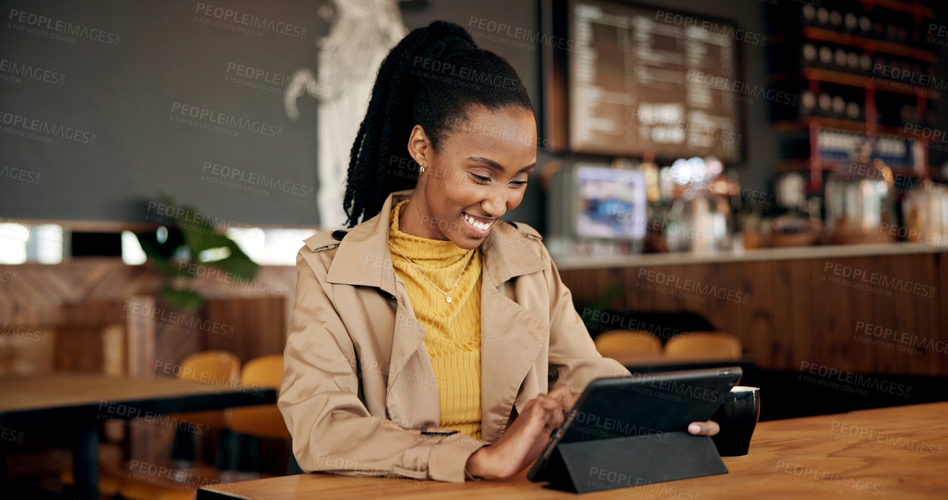 Buy stock photo Tablet, remote work and black woman at cafe, smile and review post for social media marketing. Tech, freelancer and happy person in coffee shop for internet campaign, digital ads or check schedule