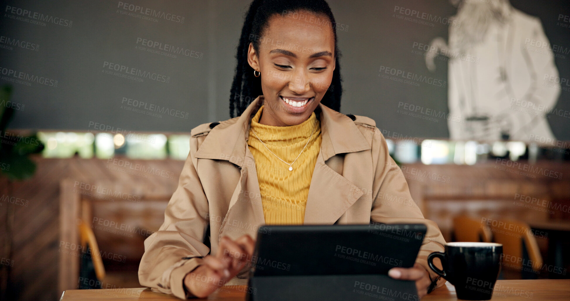 Buy stock photo Tablet, remote work and black woman at coffee shop, smile and review post for social media marketing. Tech, freelancer and happy person in cafe for internet campaign, digital ads or positive update
