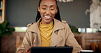 Reading, remote work or black woman with tech in coffee shop, research or review article for brand blog. Smile, creative or freelance writer with tablet for digital marketing, story planning or cafe