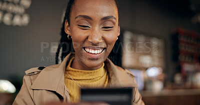 Buy stock photo Black woman, smile and credit card for payment in coffee shop, finance or investment with purchase. Password, reading details or person check account number for transaction, paying or buying in cafe
