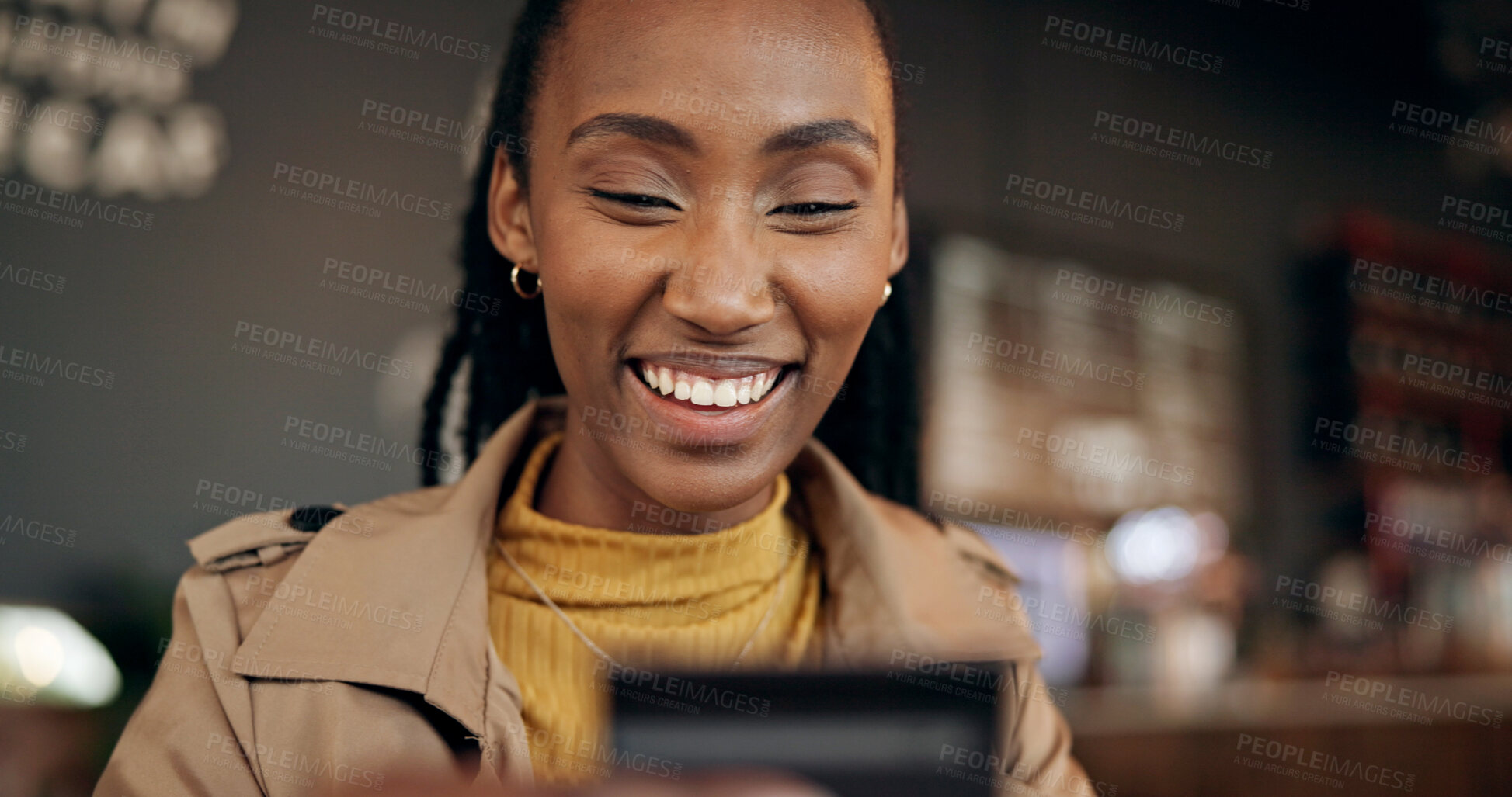 Buy stock photo Black woman, smile and credit card for payment in coffee shop, finance or investment with purchase. Password, reading details or person check account number for transaction, paying or buying in cafe