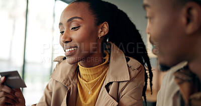 Buy stock photo Woman, couple and credit card for payment in coffee shop, finance or invest with purchase. Password, reading details or person check account number for transaction, paying or buy with partner in cafe