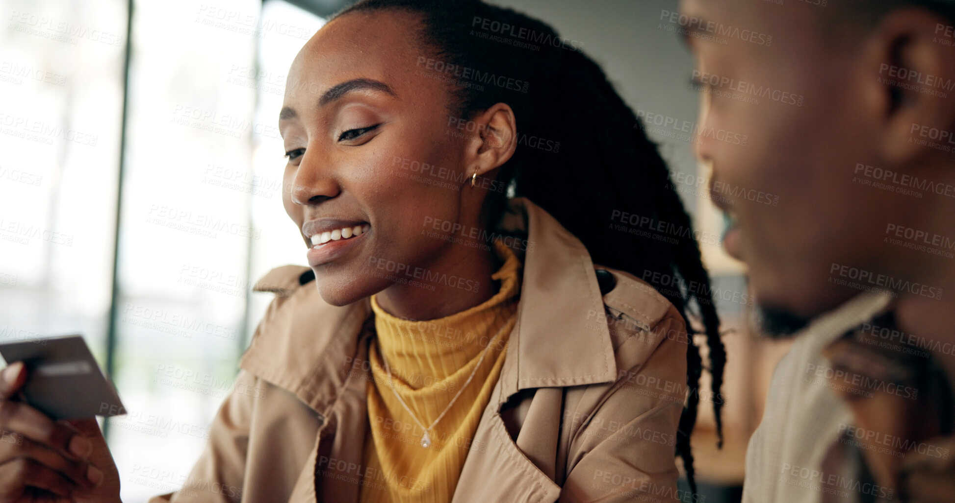 Buy stock photo Woman, couple and credit card for payment in coffee shop, finance or invest with purchase. Password, reading details or person check account number for transaction, paying or buy with partner in cafe