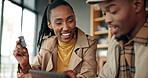 Couple, tablet and credit card for payment in coffee shop, online banking, shopping or digital purchase. Password, ecommerce and paying with black man and woman for financial transaction at cafe