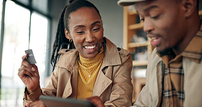 Buy stock photo Couple, tablet and credit card for payment in coffee shop, online banking, shopping or digital purchase. Password, ecommerce and paying with black man and woman for financial transaction at cafe