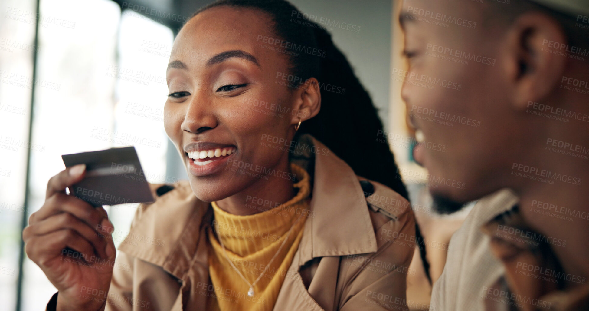 Buy stock photo Woman, couple and credit card for payment in cafe, finance or invest with purchase. Password, reading details or person check account number for transaction, paying or buy with partner in coffee shop
