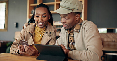 Buy stock photo Couple, tablet and credit card for payment in cafe, online banking, shopping or digital purchase. Password, ecommerce and paying with black man and woman for financial transaction at coffee shop