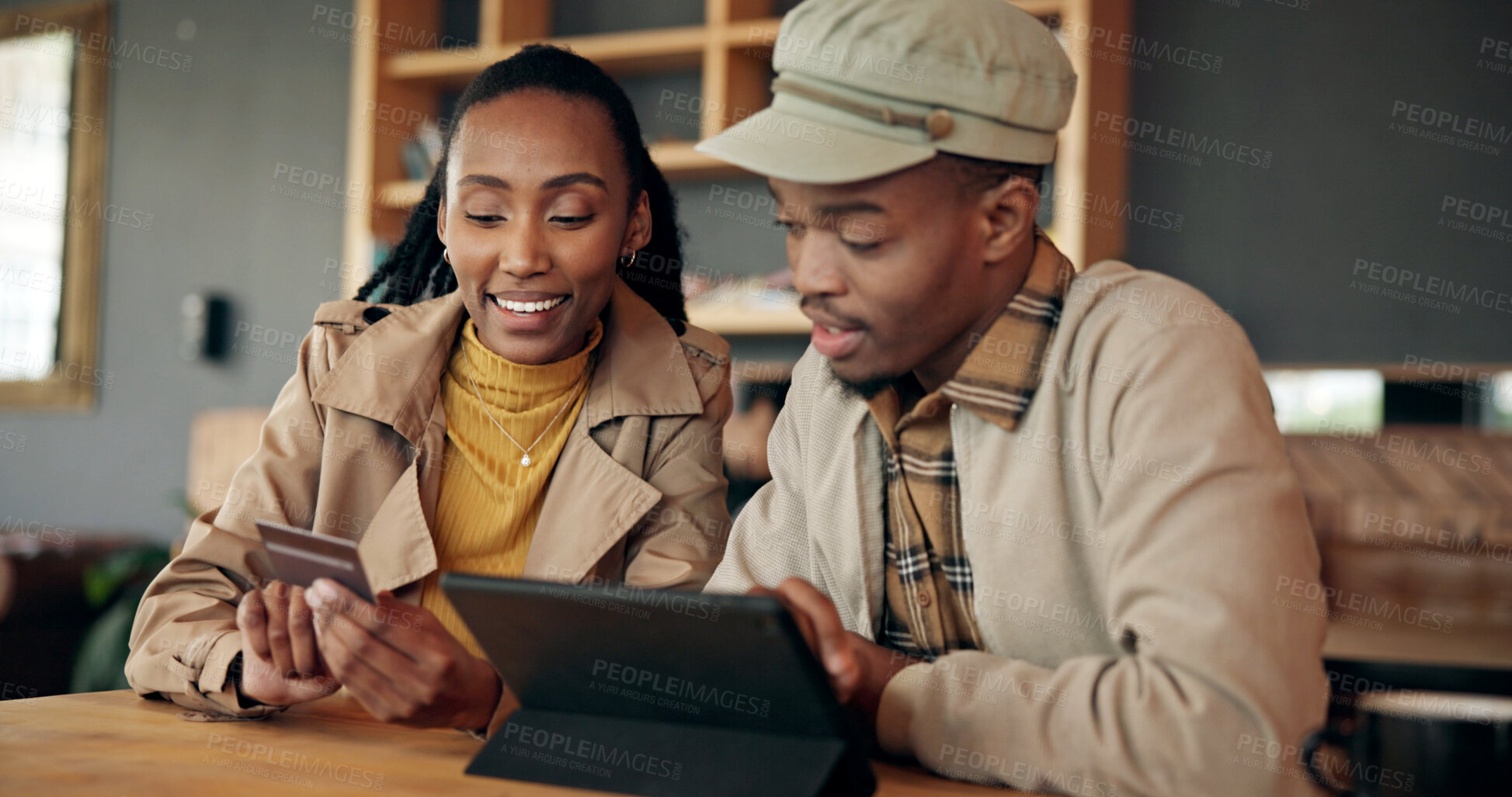 Buy stock photo Couple, tablet and credit card for payment in cafe, online banking, shopping or digital purchase. Password, ecommerce and paying with black man and woman for financial transaction at coffee shop
