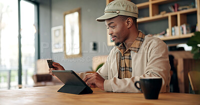 Buy stock photo Black man, tablet and credit card for payment in cafe, online banking, shopping or digital purchase. Password, ecommerce and paying with customer or person for financial transaction at coffee shop