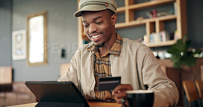 Buy stock photo Black woman, tablet and credit card for payment in coffee shop, online banking, shopping or digital purchase. Password, ecommerce and paying with customer or person for financial transaction at cafe
