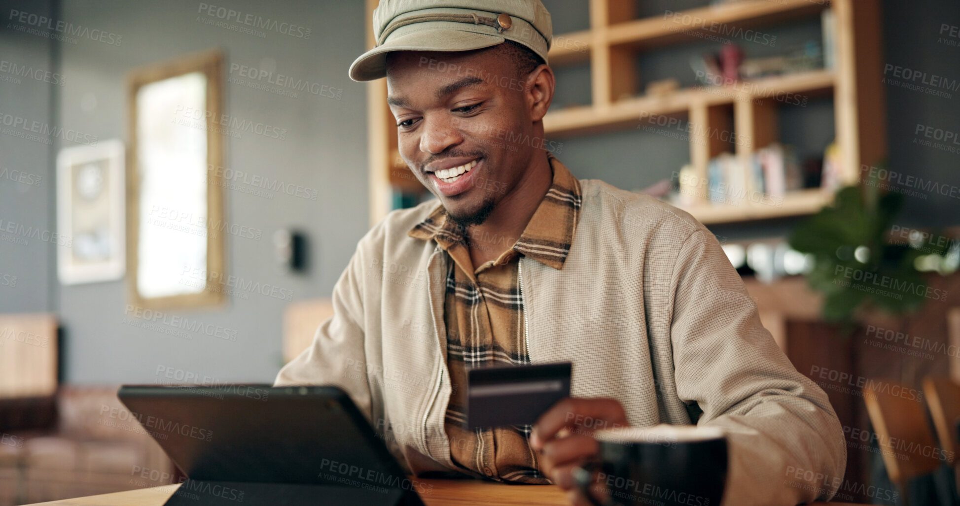 Buy stock photo Black woman, tablet and credit card for payment in coffee shop, online banking, shopping or digital purchase. Password, ecommerce and paying with customer or person for financial transaction at cafe