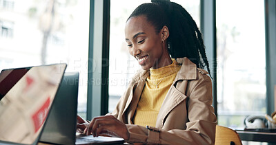 Buy stock photo Laptop, typing and black woman in cafe for research on creative project with freelance career. Computer, reading and African female magazine editor with online article for publishing in coffee shop.
