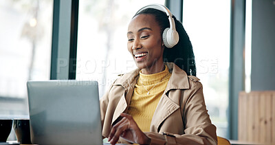 Buy stock photo Headphones, video call and black woman with laptop in office with online meeting for creative project. Happy, audio tech and female magazine editor with virtual discussion on publishing at agency.